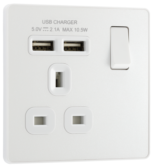  PCDCL21U2W Front - This Evolve pearlescent white 13A single power socket from British General comes with two USB charging ports, allowing you to plug in an electrical device and charge mobile devices simultaneously without having to sacrifice a power socket.