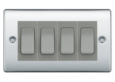 BG Nexus Polished Chrome 4 Gang 20AX 2-Way Switch Custom Grid - Grey Insert by British General (BG-Nexus-PC-4G-Combo-4x 2WAY-GR)