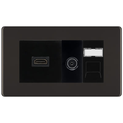 BG Screwless Black Nickel Media Wall Plate TV Aerial, HDMI & CAT6 Outlet – Black Insert by British General