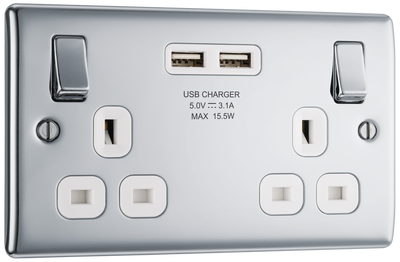 BG NPC22U3W Nexus Metal Polished Chrome 2 Gang 13A 2x USB-A 3.1A Switched Socket - White Insert
