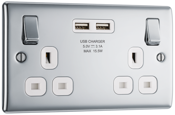 NPC22U3W Front - This 13A double power socket from British General comes with two USB charging ports, allowing you to plug in an electrical device and charge mobile devices simultaneously without having to sacrifice a power socket.