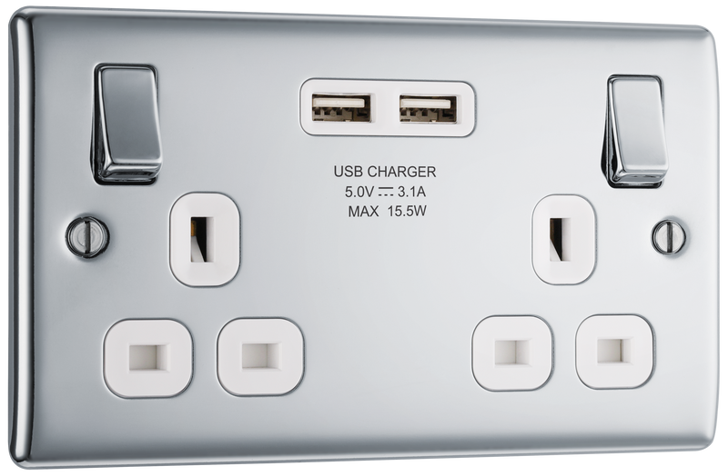 BG NPC22U3W Nexus Metal Polished Chrome 2 Gang 13A 2x USB-A 3.1A Switched Socket - White Insert