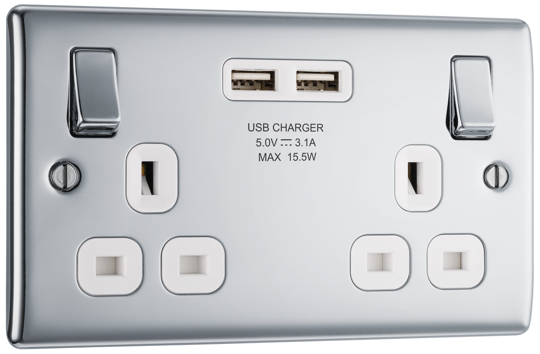 NPC22U3W Front - This 13A double power socket from British General comes with two USB charging ports, allowing you to plug in an electrical device and charge mobile devices simultaneously without having to sacrifice a power socket.