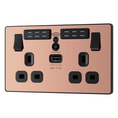 BG Evolve Polished Copper Double USB Socket with WiFi Extender PCDCP22UWRB and 25mm Steel Back Box
