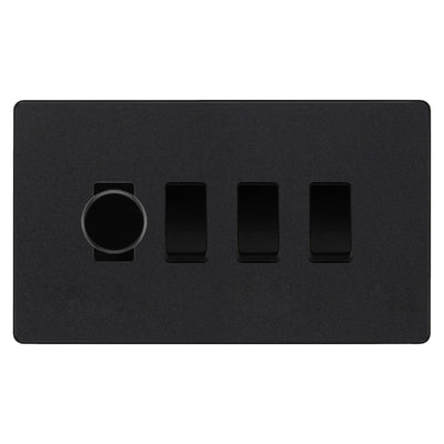BG Evolve Matt Black 4 Gang Light Switch 1x Trailing Edge LED Dimmer 3x 2 Way Custom Switch by British General (Evolve-MB-CUSTOM-4GANG-1xDIMMER-3x-2WAY)