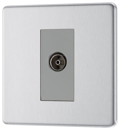 BG FBS62 Flatplate Screwless Isolated Co-axial Socket, 1 Gang Brushed Steel - Grey Insert by British General (BG-FBS62)