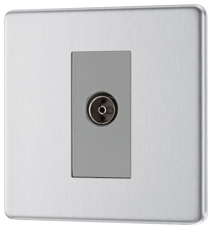 FBS62 Front - This single isolated coaxial socket from British General can be used for TV or FM aerial connections. An isolated aerial connection is ideal for use where a communal dish or aerial is used such as in a block of flats.