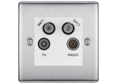 BG Nexus Brushed Steel TV/FM/2x SAT Quadplex Socket – White Insert by British General (BG-NBSTVFMSAT2W)