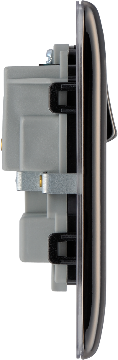 NBN22B Side - This black nickel finish 13A double switched socket from British General has a sleek and slim profile with softly rounded edges and no visible plastic around the switches to add a touch of luxury to your decor.