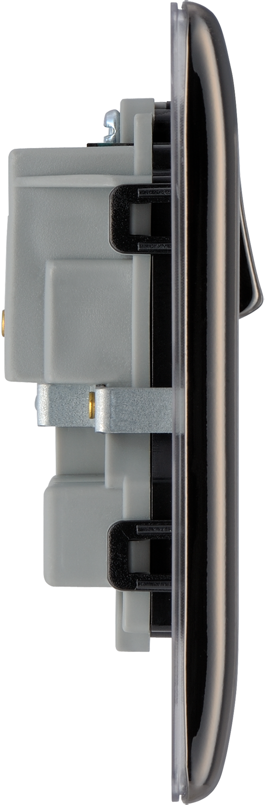 NBN22B Side - This black nickel finish 13A double switched socket from British General has a sleek and slim profile with softly rounded edges and no visible plastic around the switches to add a touch of luxury to your decor.