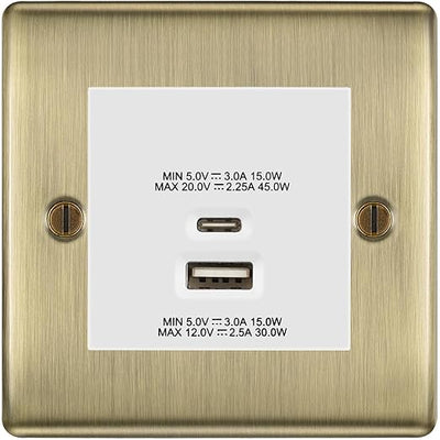 BG Nexus Antique Brass 45W USB Wall Socket Euro Module USB-A & C - White Insert by British General (BG-NABEMS2+EMUSBAC45W)