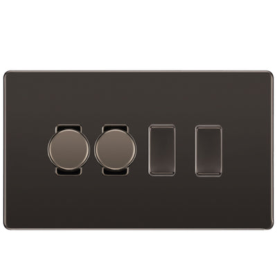 BG Black Nickel Screwless Flat Plate 4 Gang Light Switch 2x Trailing Edge LED Dimmer 2x 2 Way Custom Switch by British General (SCREWLESS-BN-4G-CUSTOM-2xDIMMER-2x-2Way)