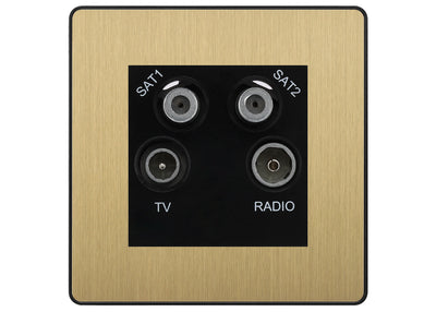 BG Evolve Satin Brass TV/FM/2x SAT Quadplex Socket – Black Insert by British General (BG-PCDSBTVFMSAT2B)