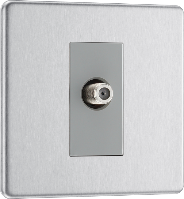 BG FBS64 Flatplate Screwless Satellite Socket, 1 Gang Brushed Steel Grey Insert