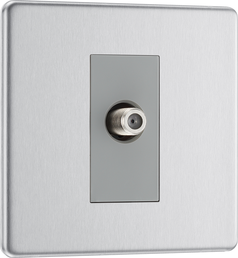 BG FBS64 Flatplate Screwless Satellite Socket, 1 Gang Brushed Steel Grey Insert
