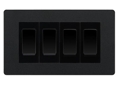 BG Evolve Matt Black 4 Gang 20AX 2-Way Switch Custom Grid - Black Insert by British General (BG-Evolve-MB-4G-Combo-4x 2WAY-BL)