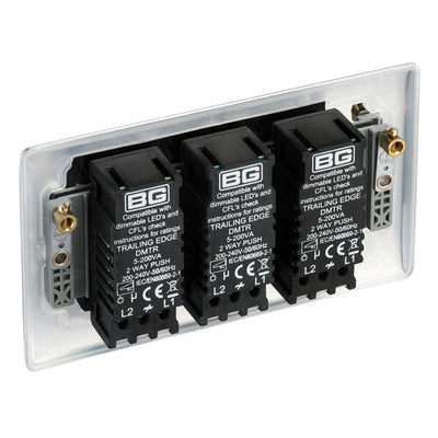 BG Nexus Polished Chrome 3 Gang 200W 2 Way Trailing Edge Push Type Dimmer Switch NPC83 with 35mm Steel Back Box