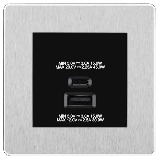 BG Evolve Brushed Steel 45W USB Wall Socket Euro Module USB-A & C - Black Insert