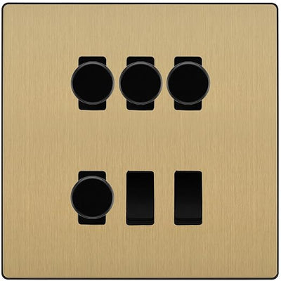 BG Evolve Satin Brass 6 Gang Switch 4x Trailing Edge LED Dimmer, 1x Intermediate, 1x 2-Way Switch by British General (BG-Evolve-SB-6G-4x-Dimmer-1x-INT-1x-2Way)