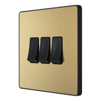 BG Evolve Satin Brass 3 Gang 20A 16AX 2 Way Light Switch PCDSB43B with 25mm Steel Back Box