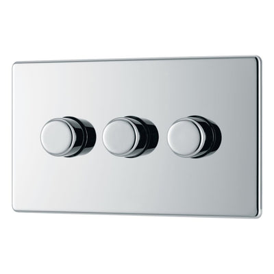 BG Screwless Polished Chrome 200W 2 Way Triple Trailing Edge Dimmer Switch FPC83 with 25mm Steel Back Box