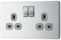 BG FPC22G Nexus Screwless Flat-Plate Double Switched Plug Socket Polished Chrome Grey Inserts, 13A