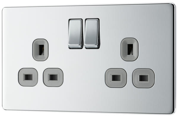 FPC22G Front - This Screwless Flat plate polished chrome finish 13A double switched socket from British General has a sleek flat profile that clips on and off for a screwless premium finish, with no visible plastic around the switch.