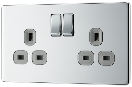 FPC22G Front - This Screwless Flat plate polished chrome finish 13A double switched socket from British General has a sleek flat profile that clips on and off for a screwless premium finish, with no visible plastic around the switch.