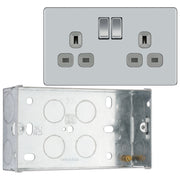 BG Screwless Polished Chrome 13A Double Switched Socket FPC22G with 35mm Steel Back Box
