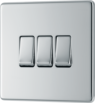 FPC43 Front - This Screwless Flat plate polished chrome finish 20A 16AX triple light switch from British General can operate 3 different lights whilst the 2 way switching allows a second switch to be added to the circuit to operate the same light from another location (e.g. at the top and bottom of the stairs).