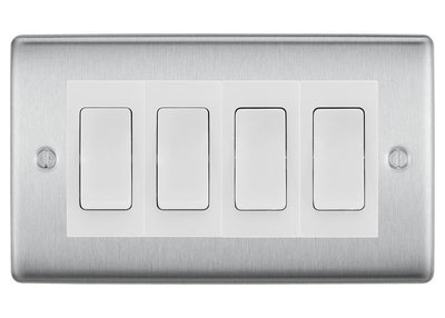 BG Nexus Brushed Steel 4-Gang Light Switch 3x 2-Way + 1x Intermediate – White Inserts by British General (BG-Nexus-BS-4G-Combo-1x INT-3x 2WAY-WH)