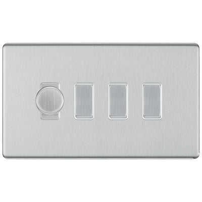 BG Brushed Steel Screwless Flat Plate 4 Gang Light Switch 1x Trailing Edge LED Dimmer 3x 2 Way Custom Switch by British General (SCREWLESS-BS-4G-CUSTOM-1xDIMMER-3x2Way)