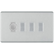 BG Brushed Steel Screwless Flat Plate 4 Gang Light Switch 1x Trailing Edge LED Dimmer 3x 2 Way Custom Switch by British General (SCREWLESS-BS-4G-CUSTOM-1xDIMMER-3x2Way)