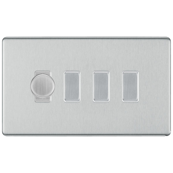 BG Brushed Steel Screwless Flat Plate 4 Gang Light Switch 1x Trailing Edge LED Dimmer 3x 2 Way Custom Switch