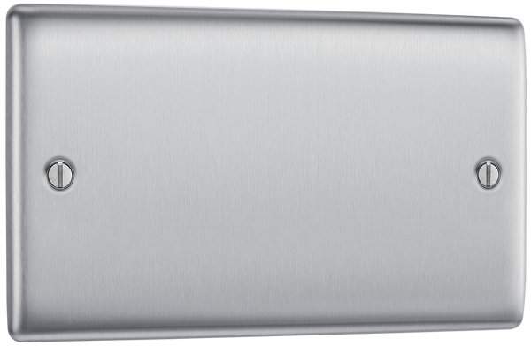 NBS95 Front - This premium brushed steel finish double blank plate from British General is ideal for covering unused electrical connections and has a sleek and slim profile, with softly rounded edges and an anti-fingerprint lacquer to reduce unsightly fingerprint marks.