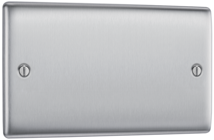 NBS95 Front - This premium brushed steel finish double blank plate from British General is ideal for covering unused electrical connections and has a sleek and slim profile, with softly rounded edges and an anti-fingerprint lacquer to reduce unsightly fingerprint marks.