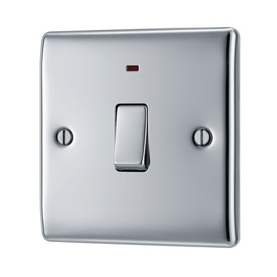 BG Nexus Polished Chrome 1 Gang 20A 2 Pole Neon Switch NPC31 with 35mm Steel Back Box