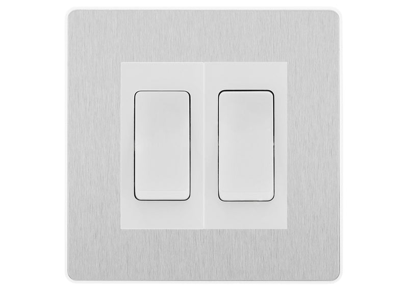 BG Electrical Evolve Brushed Steel 2-Gang Light Switch 1x 2-Way + 1x Intermediate – White Inserts