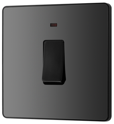 PCDBC31B Front - This Evolve Black Chrome 20A double pole switch with indicator from British General has been designed for the connection of refrigerators, water heaters, central heating boilers and many other fixed appliances.