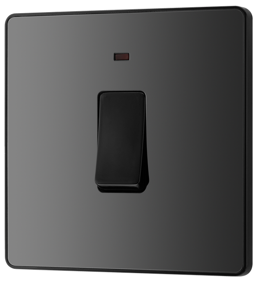 PCDBC31B Front - This Evolve Black Chrome 20A double pole switch with indicator from British General has been designed for the connection of refrigerators, water heaters, central heating boilers and many other fixed appliances.