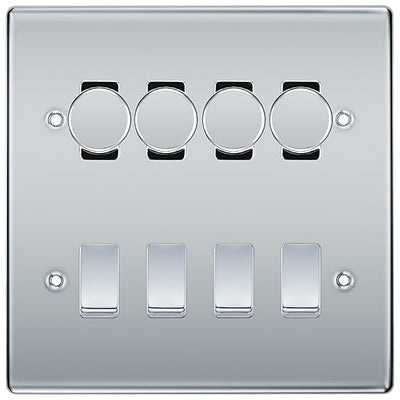 BG Nexus Polished Chrome 8 Gang Switch 4x Trailing Edge LED Dimmer, 2x Intermediate, 2x 2-Way Switch by British General (BG-Nexus-PC-8G-4x-Dimmer-2x-INT-2x-2Way)