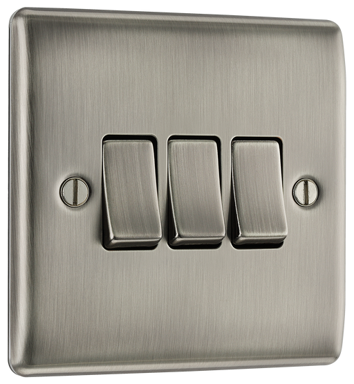 NBI43 Front - This brushed Iridium finish 20A 16AX triple light switch from British General can operate 3 different lights whilst the 2 way switching allows a second switch to be added to the circuit to operate the same light from another location (e.g. at the top and bottom of the stairs).