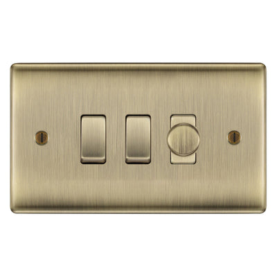 BG Antique Brass 3 Gang Switch 1x Trailing Edge LED Dimmer 2x 2 Way Custom Grid by British General (NEXUS-AB-3G-CUSTOM-DIMMER-2x-2Way-Single)