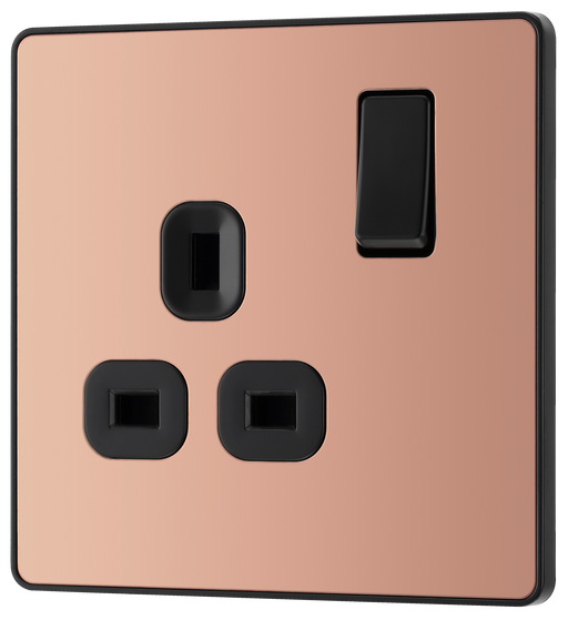 PCDCP21B Front - This Evolve Polished Copper 13A single switched socket from British General has been designed with angled in line colour coded terminals and backed out captive screws for ease of installation, and fits a 25mm back box making it an ideal retro-fit replacement for existing sockets.