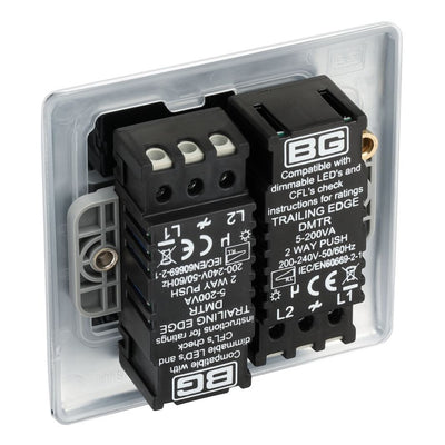 BG Nexus Polished Chrome 2 Gang 200W 2 Way Trailing Edge Push Type Dimmer Switch NPC82 with 35mm Steel Back Box