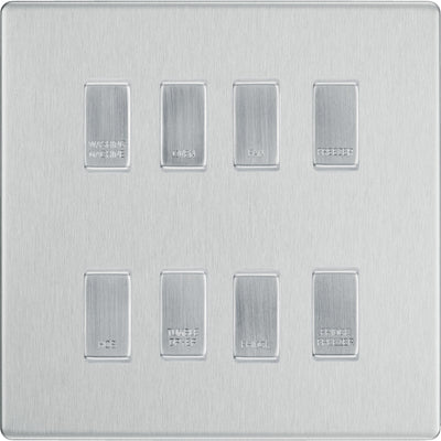 BG Screwless Brushed Steel 8 Gang Engraved Custom Labelled Appliance Grid Switch by British General (Nexus-BS-Screwless-8G)