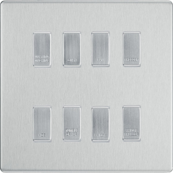 BG Screwless Brushed Steel 8 Gang Engraved Custom Labelled Appliance Grid Switch