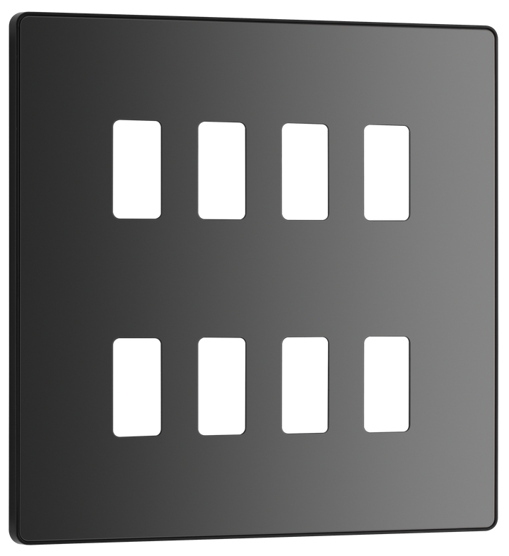 RPCDBC8B Front - The Grid modular range from British General allows you to build your own module configuration with a variety of combinations and finishes. This black chrome finish Evolve front plate clips on for a seamless finish, and can accommodate 8 Grid modules - ideal for commercial applications.