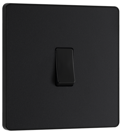 PCDMB13B Front - This Evolve Matt Black 20A 16AX intermediate light switch from British General should be used as the middle switch when you need to operate one light from 3 different locations, such as either end of a hallway and at the top of the stairs.