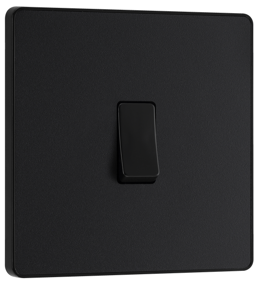 PCDMB13B Front - This Evolve Matt Black 20A 16AX intermediate light switch from British General should be used as the middle switch when you need to operate one light from 3 different locations, such as either end of a hallway and at the top of the stairs.